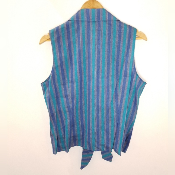 Lafayette 148 Blue Turquoise Stripe Sleeveless Tie Waist Buttonfront Top 12 NWT - Picture 11 of 14